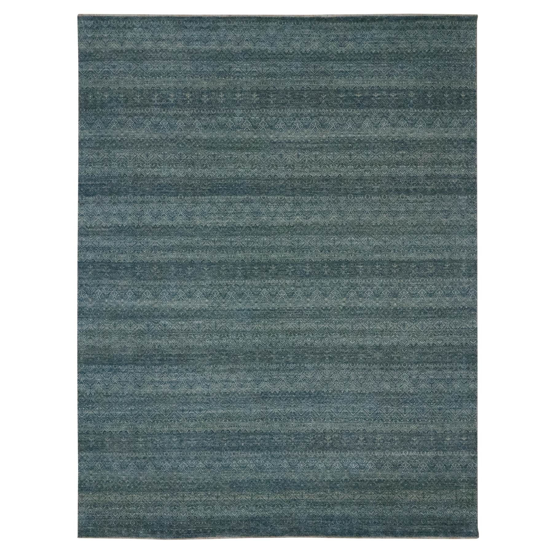 9'1"x12' Ocean Blue, Kohinoor Herat Pattern, Small Geometric Repetitive Diamond Design, Soft Wool, Tone on Tone, Hand Knotted, Oriental Rug 